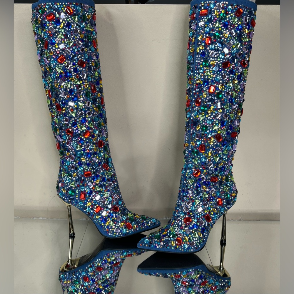 Rhinestone Jeweled Denim Embellished Boots